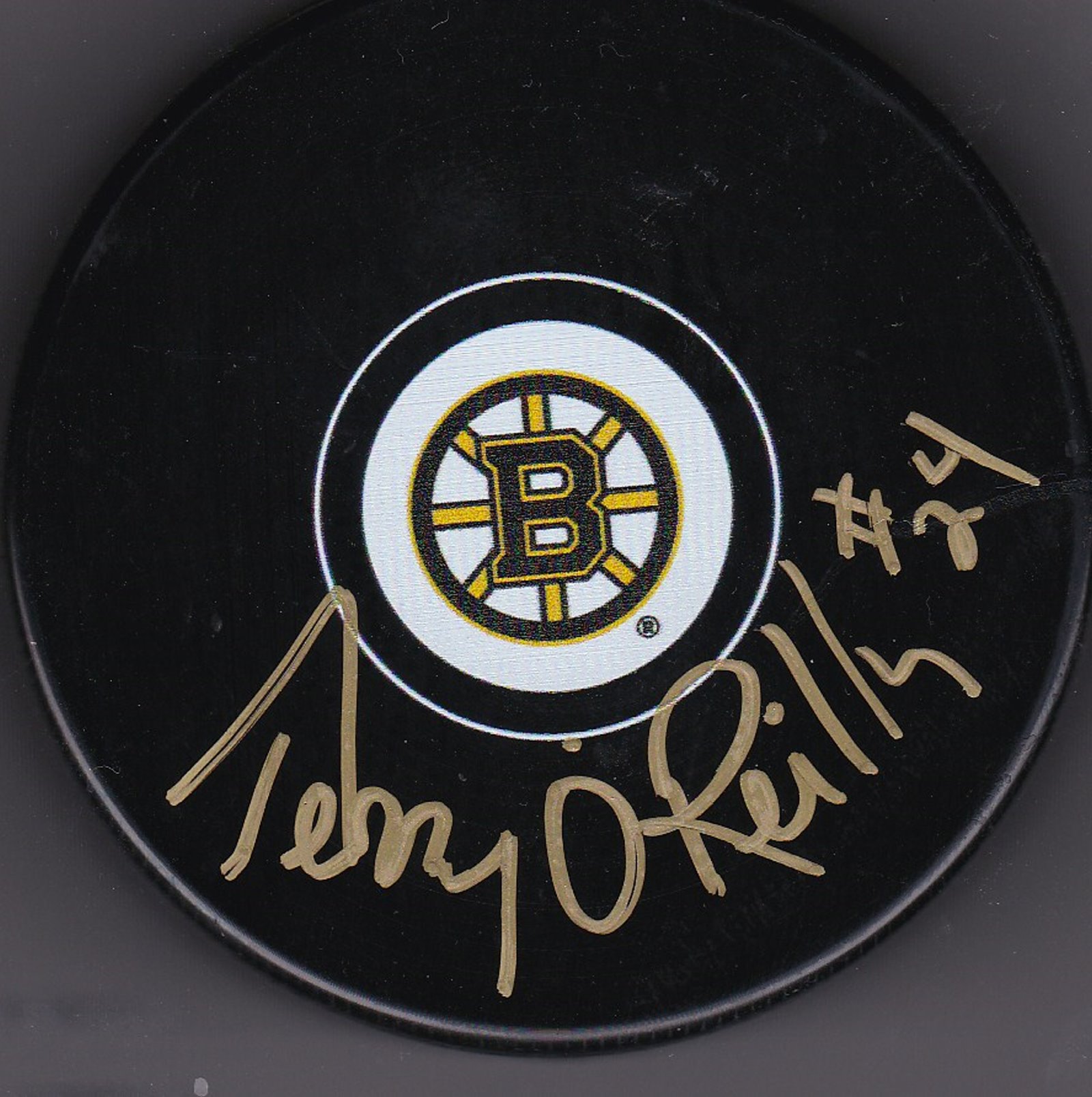 Terry O'Reilly Autograph Boston Bruins Logo puck 