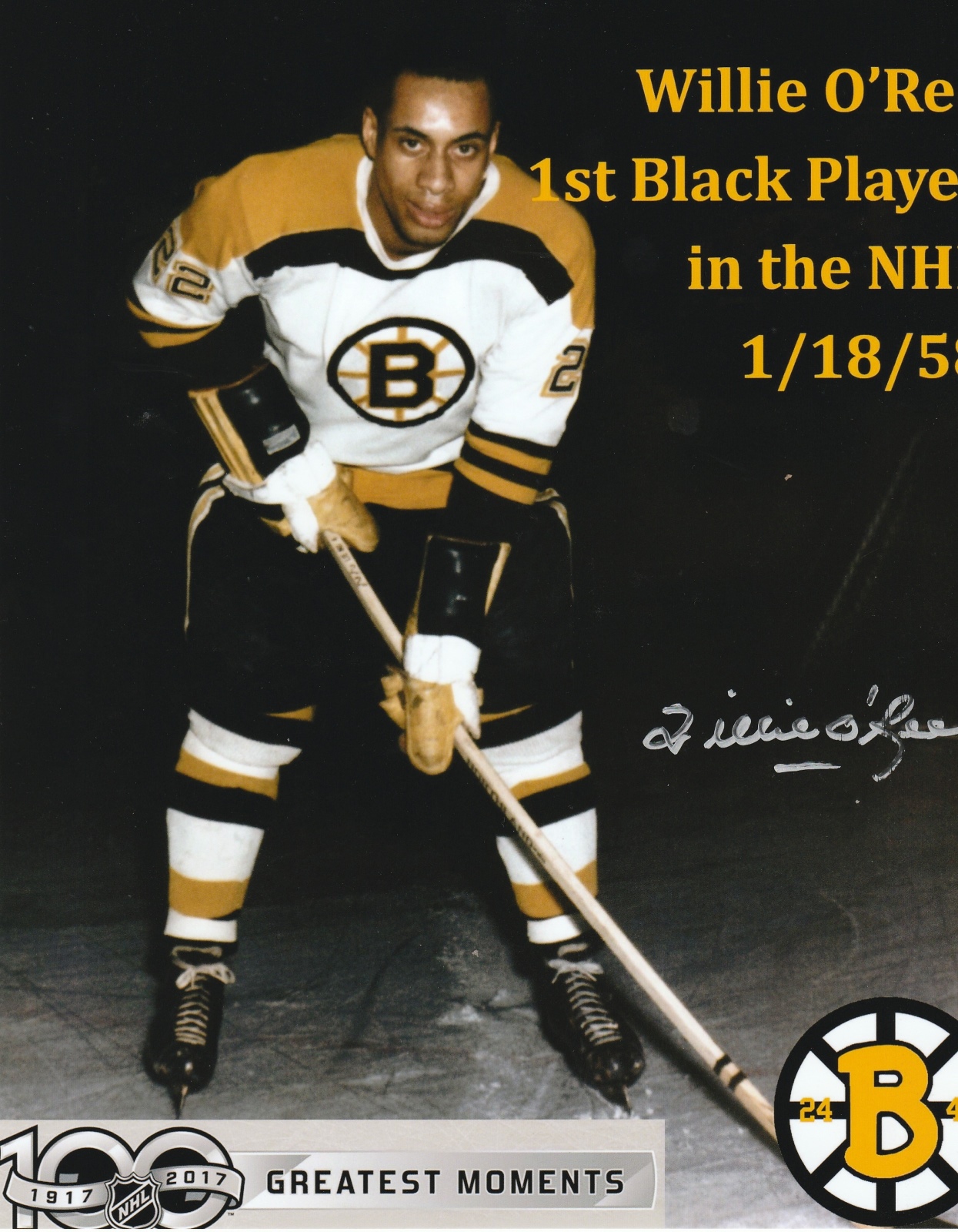 Willie O'Ree Autograph 8x10 Color photo Boston Bruins