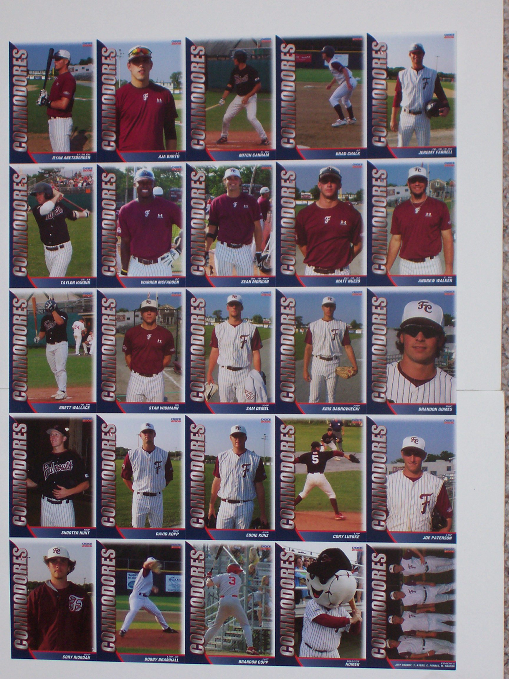 2006 Falmouth Commodores Player Cards uncut sheet 