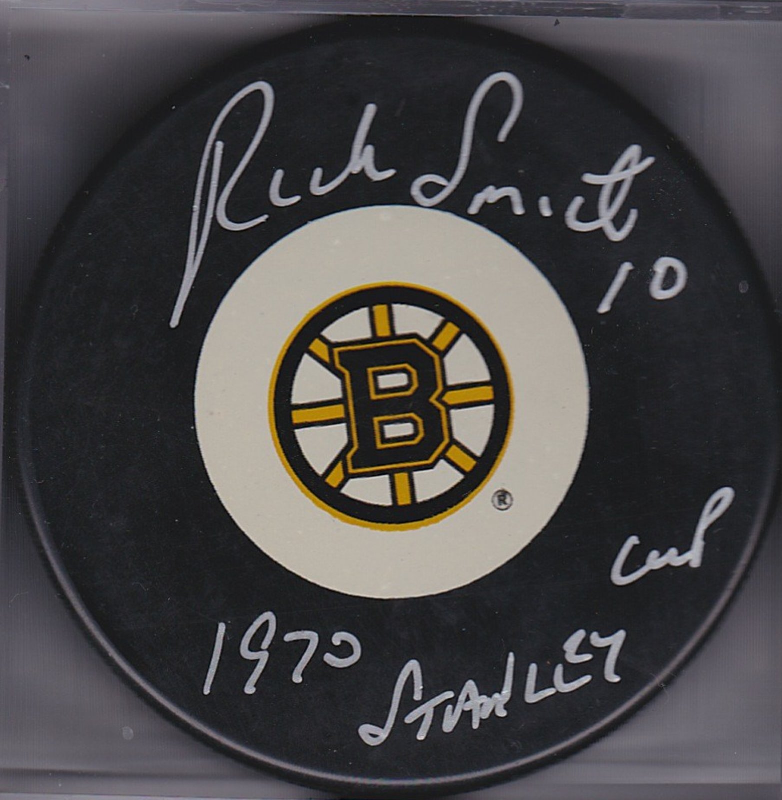 Rick Smith Autograph Boston Bruins Logo puck 