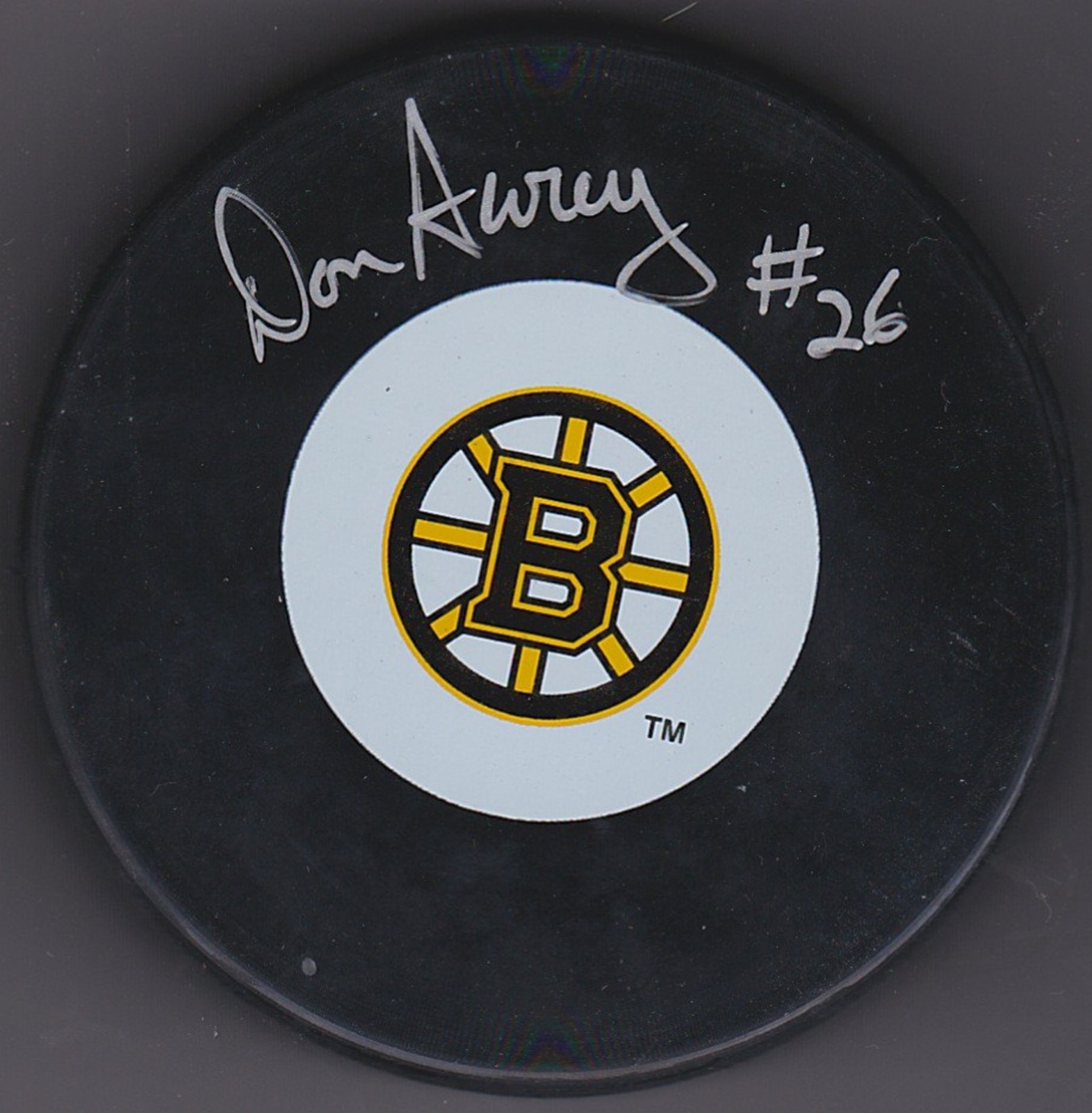 Don Awrey Autograph Boston Bruins Logo puck 