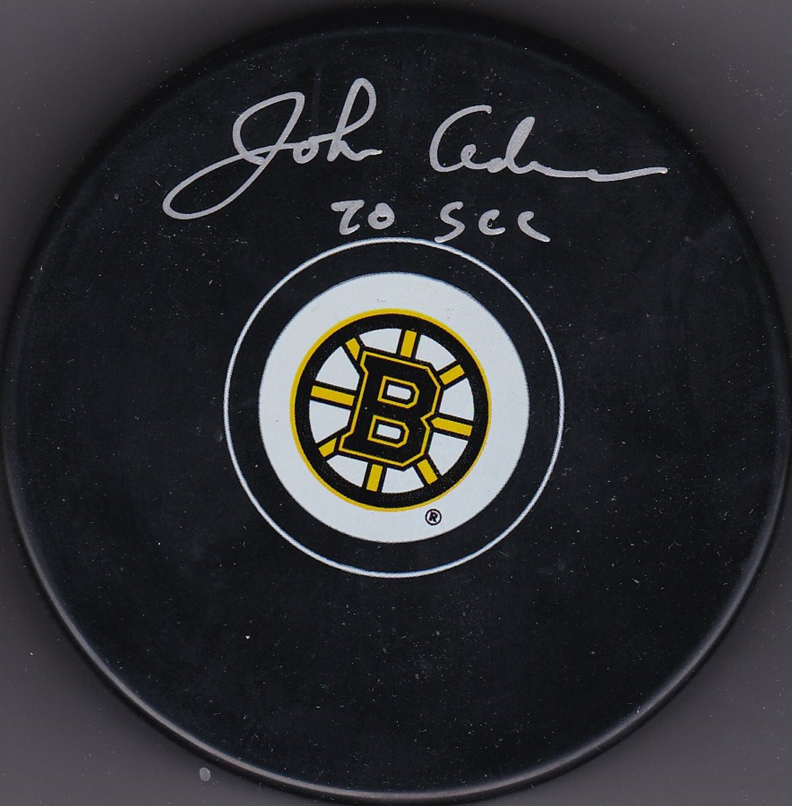 John Adams Autograph Boston Bruins Logo puck Stanley Cup 1970