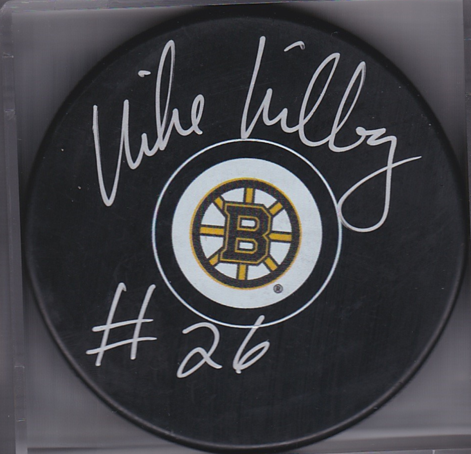 Mike Milbury Autograph Boston Bruins Logo puck 