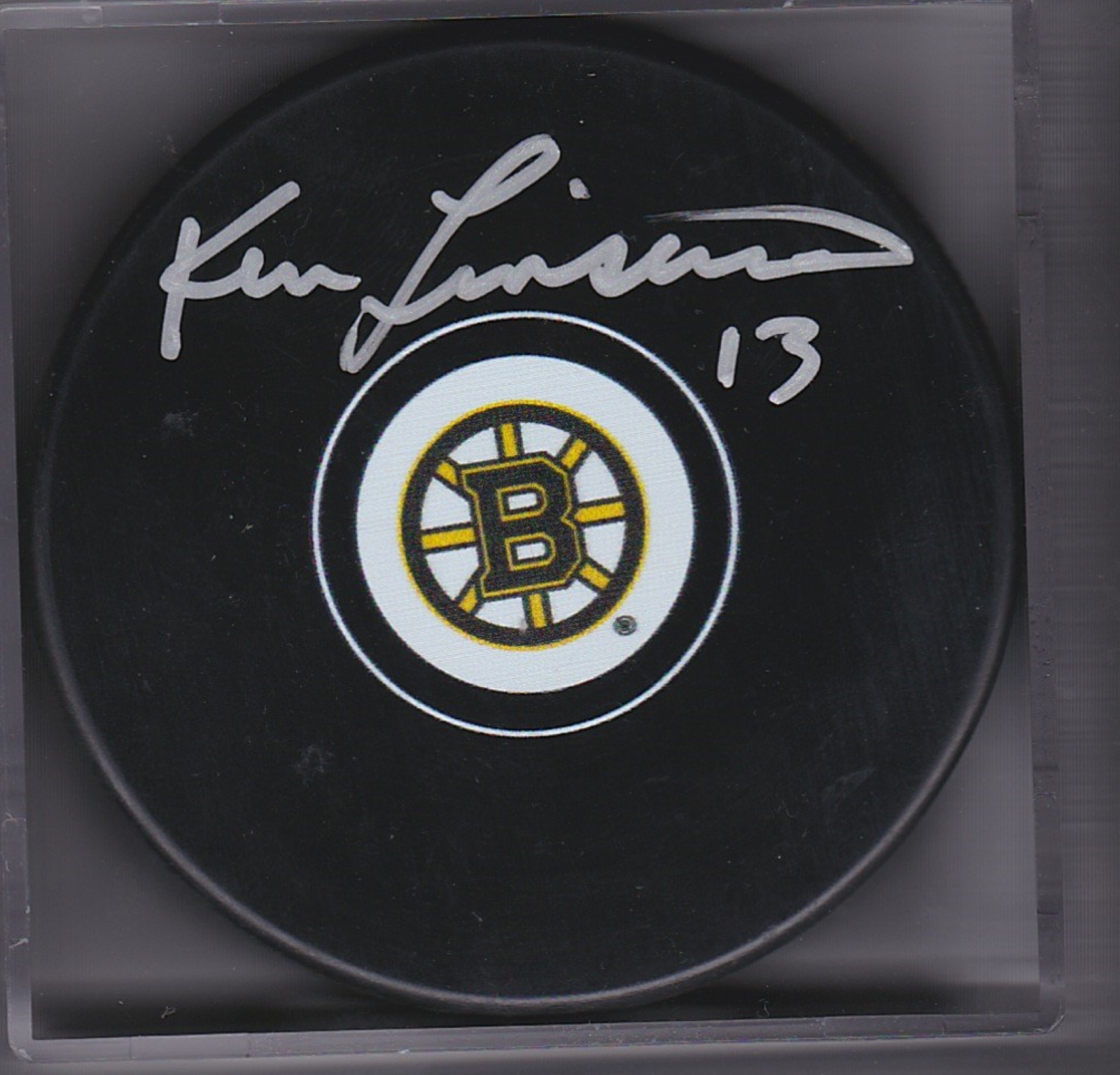 Ken Linseman Autograph Boston Bruins Logo puck 