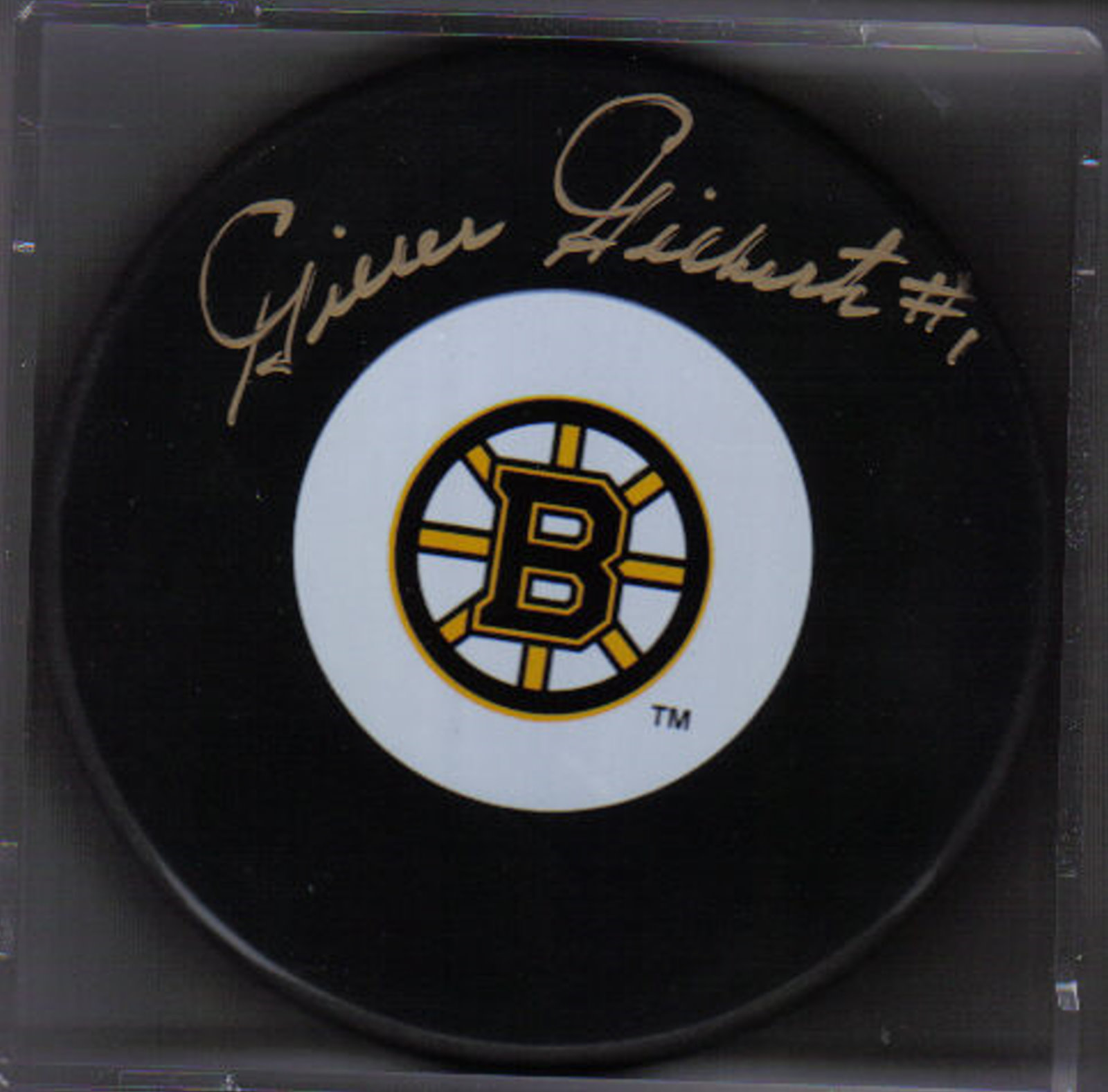 Gilles Gilbert Autograph Boston Bruins Logo puck 