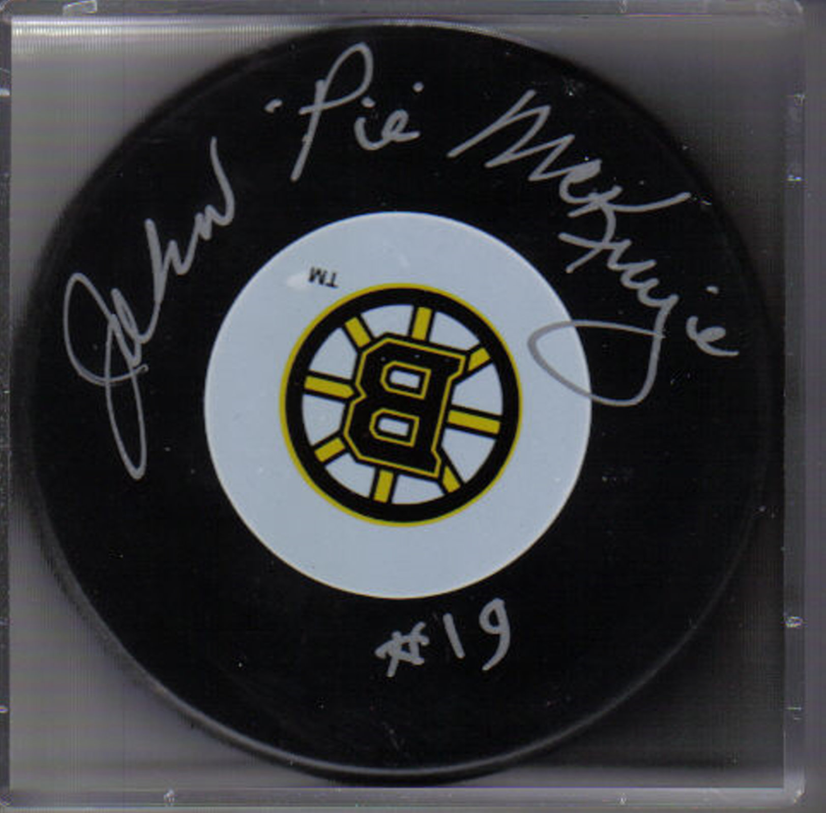 John "Pie" McKenzie Autograph Boston Bruins Logo puck 